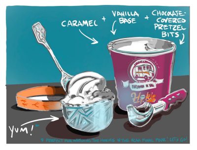 Digital sketch of the Homestead Creamery’s Hokie Tracks ice cream, perfect for eating during the ncaa final four