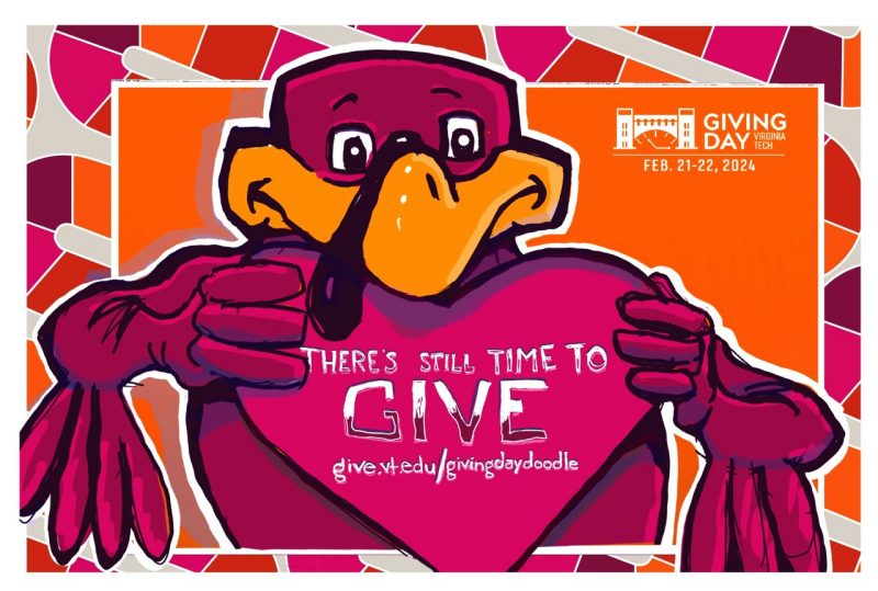 Digital sketch of the HokieBird holding a heart with the giving day url in it