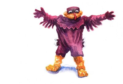 A watercolor sketch of the HokieBird giving a great big hug gesture!