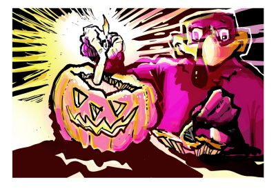 A digital sketch of the hokiebird putting a candle in a jackolantern