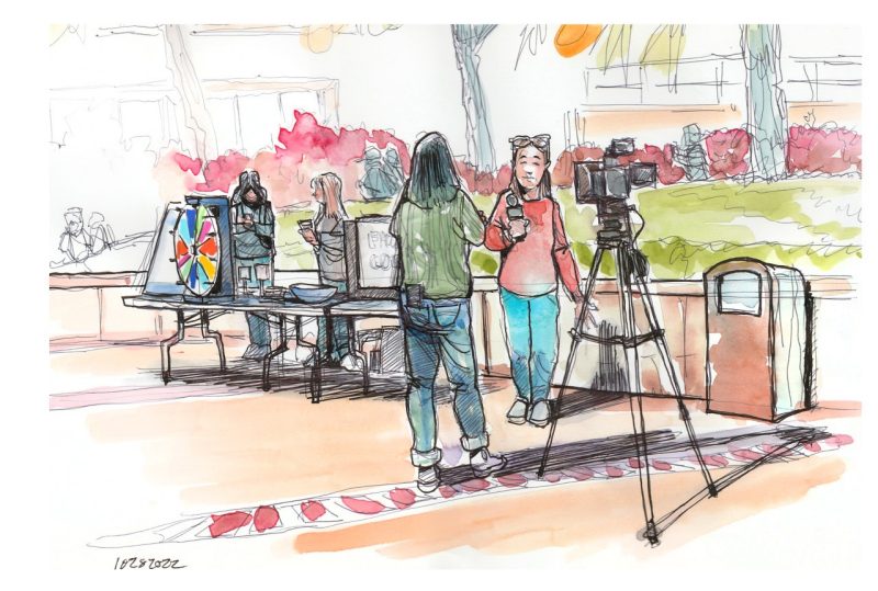 Ink and watercolor sketch of a Hokies Vote Caucus doing an interview on Squires Plaza