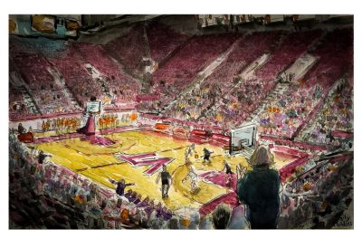 Watercolor sketch of Virginia Tech women's basketball team versus Wake Forest 