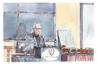 Ink and watercolor sketch of Homer Hickam reading from his new book