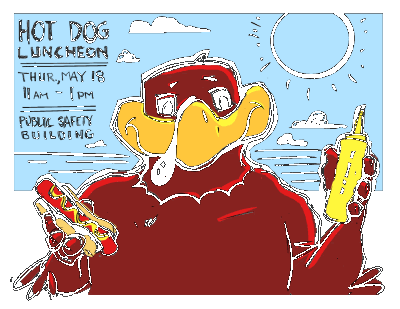 Animated gif of the HokieBird holding a hot dog and mustard bottle