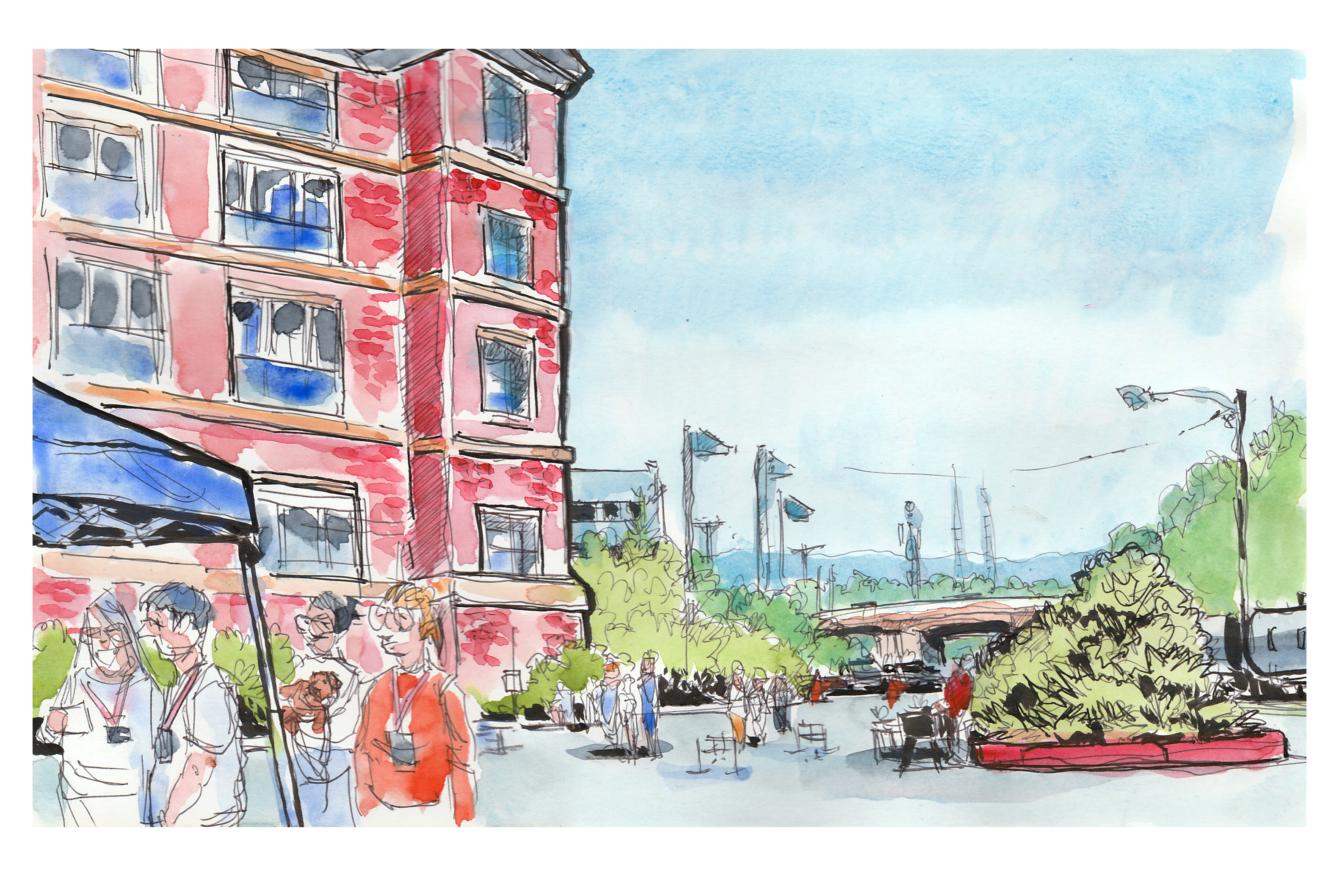 Ink and watercolor sketch of Health Sciences and Technology Campus wellness sprng extranvaganza