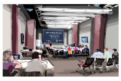 Digital sketch of the room where the incident management team holds it's annual functional exercise
