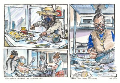 Three panel sketch of ink and watercolor showing a kitechen with folks preparing food