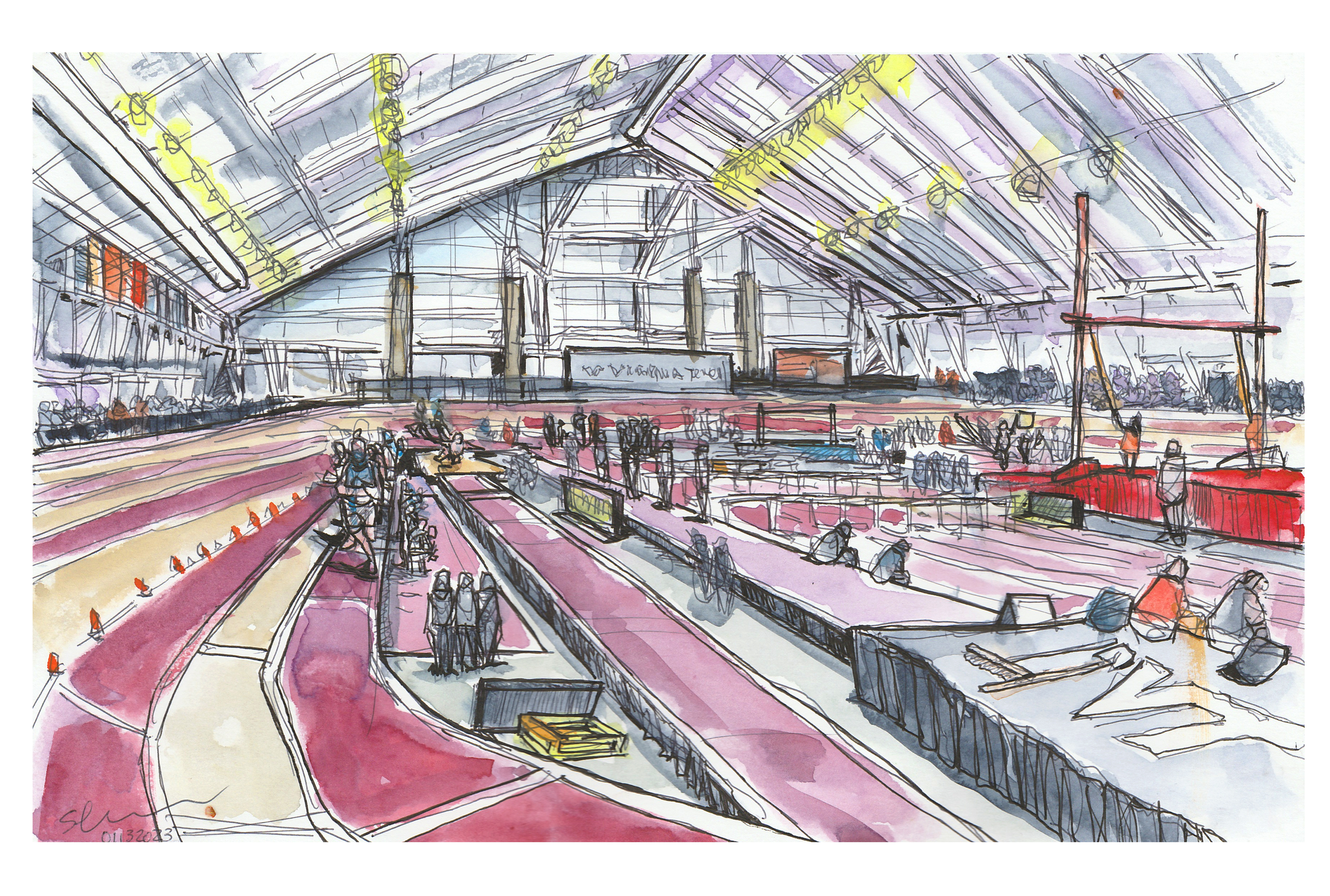 An ink and watercolor sketch of the interior of the Rector Field House during the Virginia Tech Invitational Track Meet