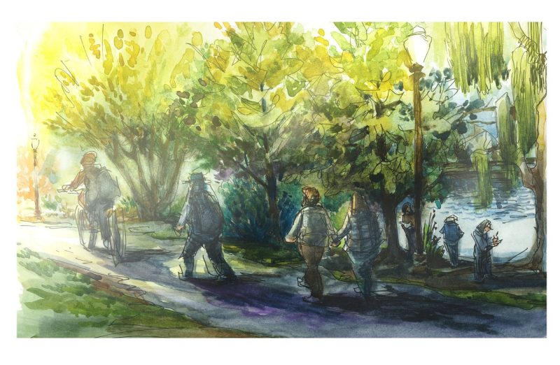 Watercolor and ink sketch of people walking into the late day sun along the Duck Pond