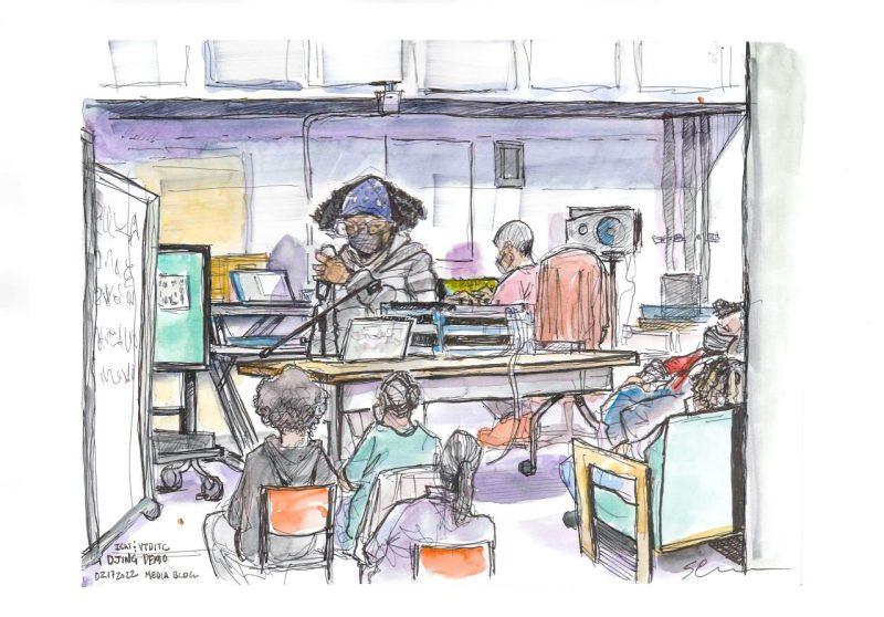 Ink and watercolor sketch of DJing fair use and how-to; part of ICAT and True School Studio and VTDITC outreach; media building