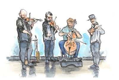 Ink and watercolor sketch of the quartet Invoke playing during a Moss arts Center cupcake break 