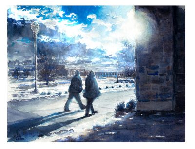 Watercolor sketch of two people walking on the Upper Quad in the January afternoon sun