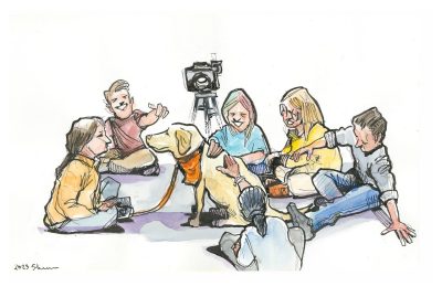 Ink and watercolor sketch of Josie the therapy dog at Newman Library