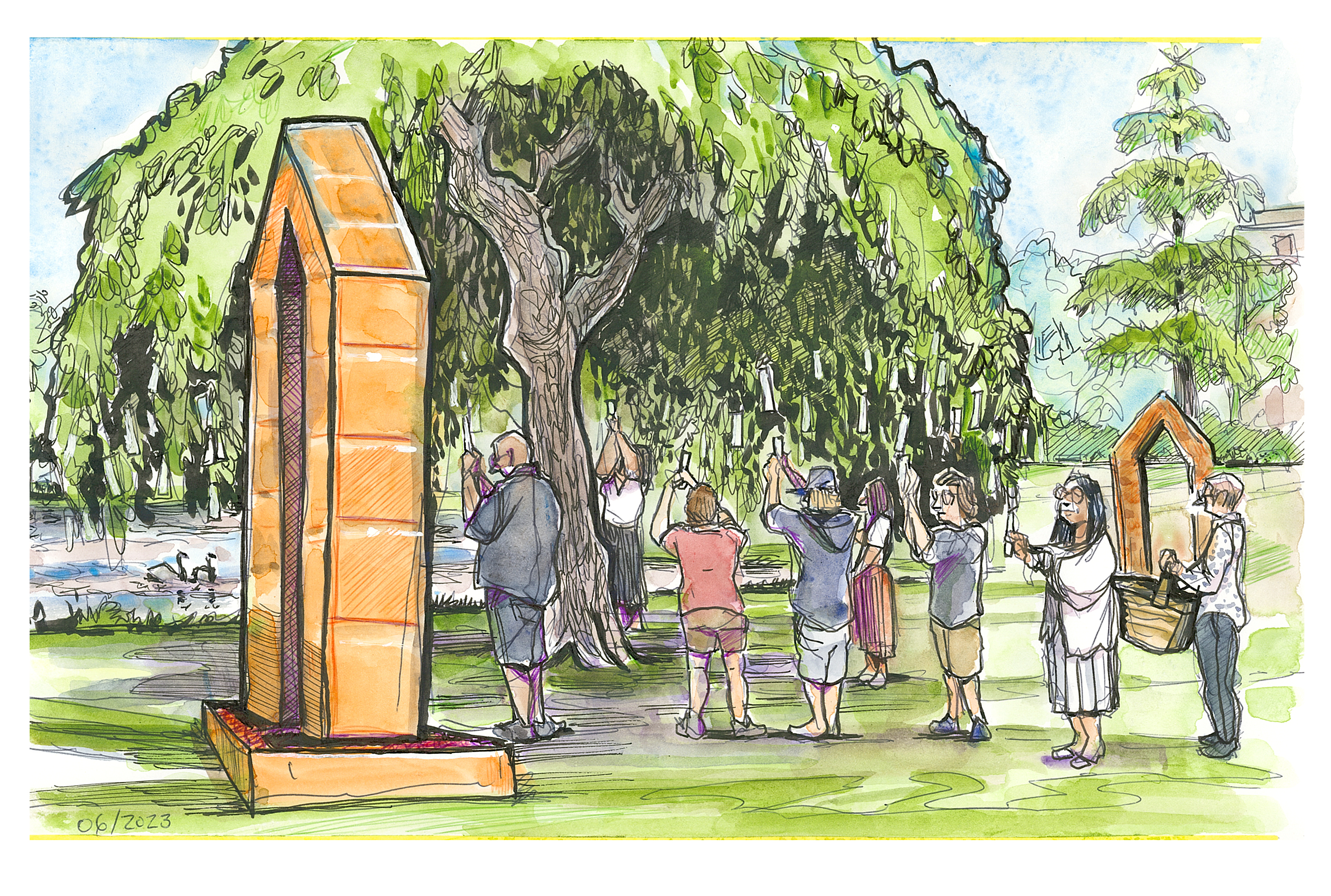 Sketch of attendees attaching memorial tags with the names of enslaved peoples to a tree at the Duck Pond near Solitude