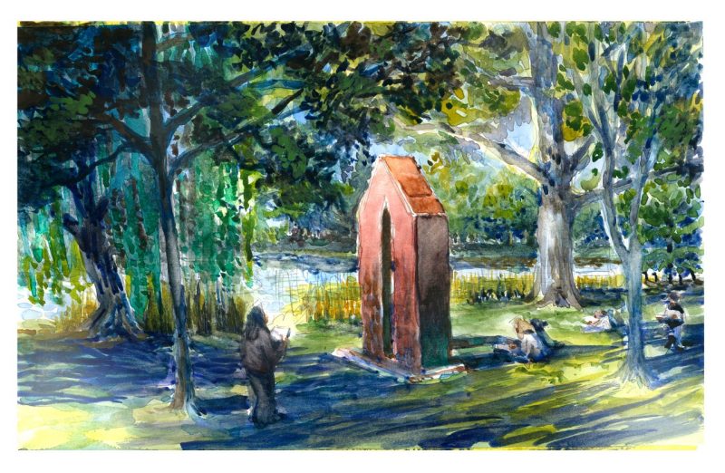 Watercolor sketch of landscape architect students on a sketch crawl