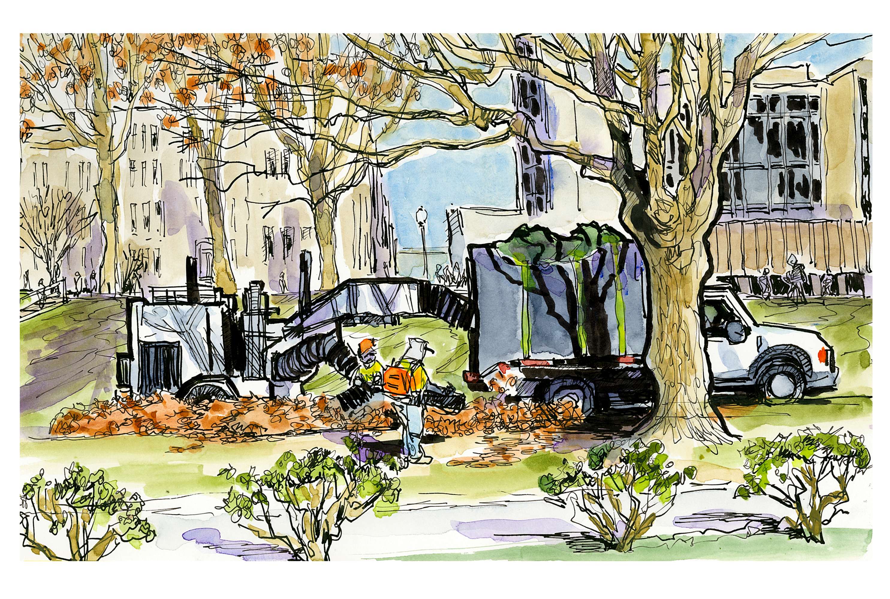 Ink and watercolor sketch of employees vaccuuming up leaves in front of McBryde Hall along Stanger and Drillfield Dr