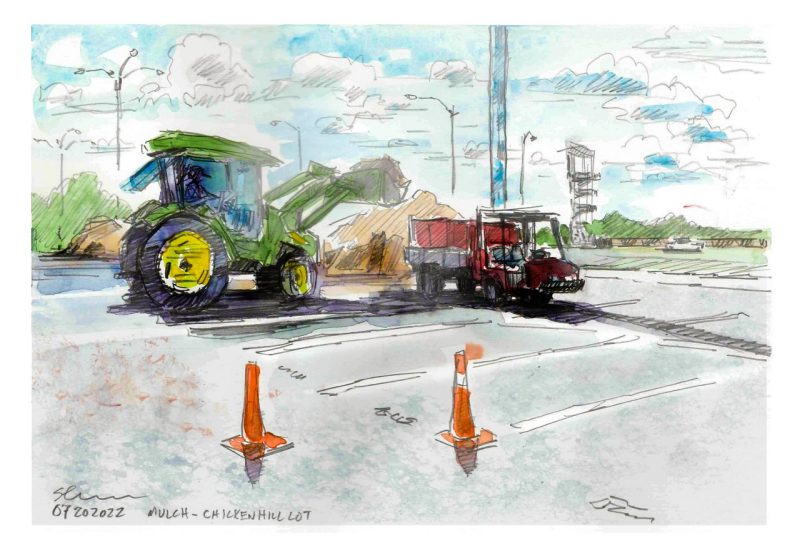 Watercolor sketch of a tractor loading mulch into a service vehicle near the Marching Virginian's practice center