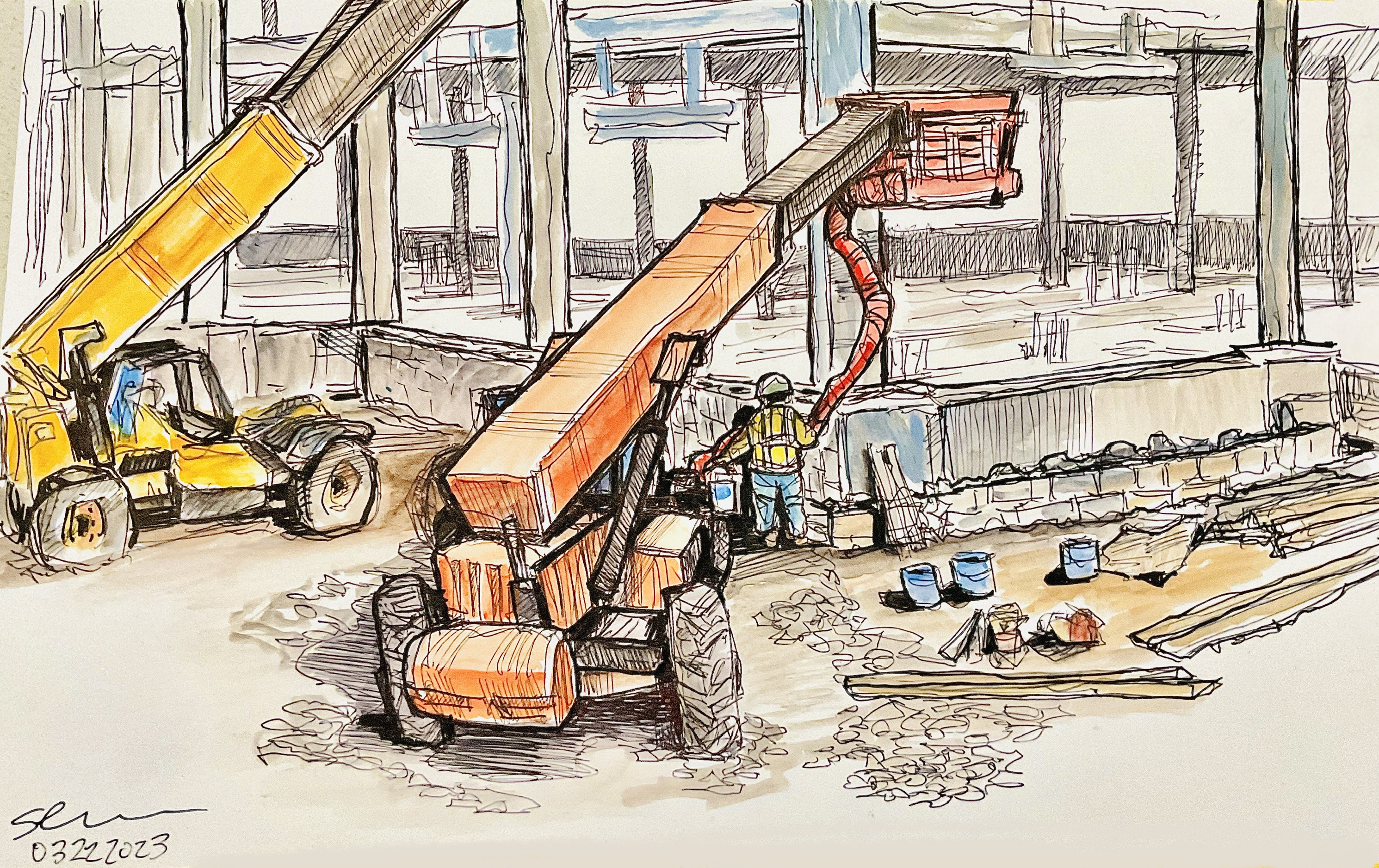 Ink and watercolor sketch of Hitt Hall construction site