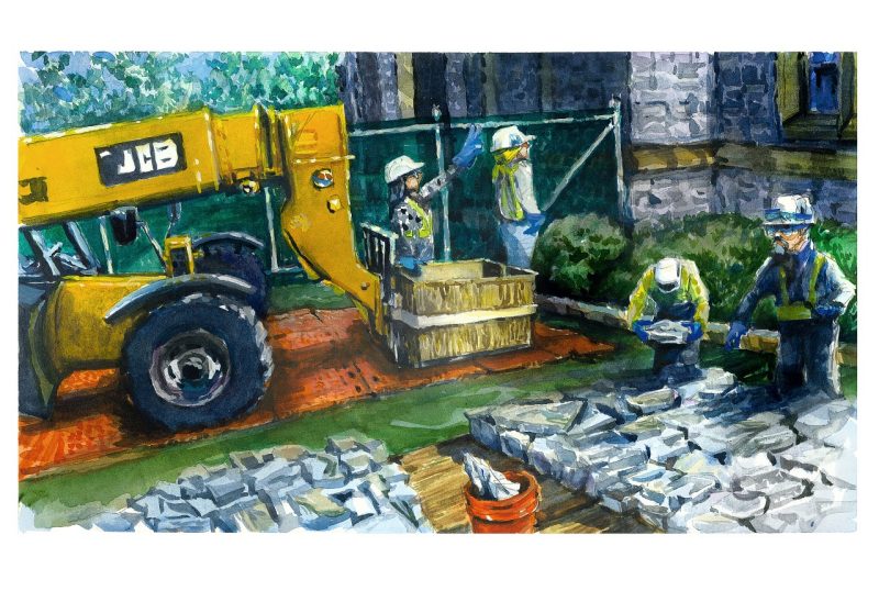 Watercolor sketch of a team of contractors selecting Hokie Stone for the exterior of Norris Hall