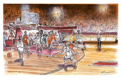 Ink, watercolor and digital color of the men's basketball team playing clemson