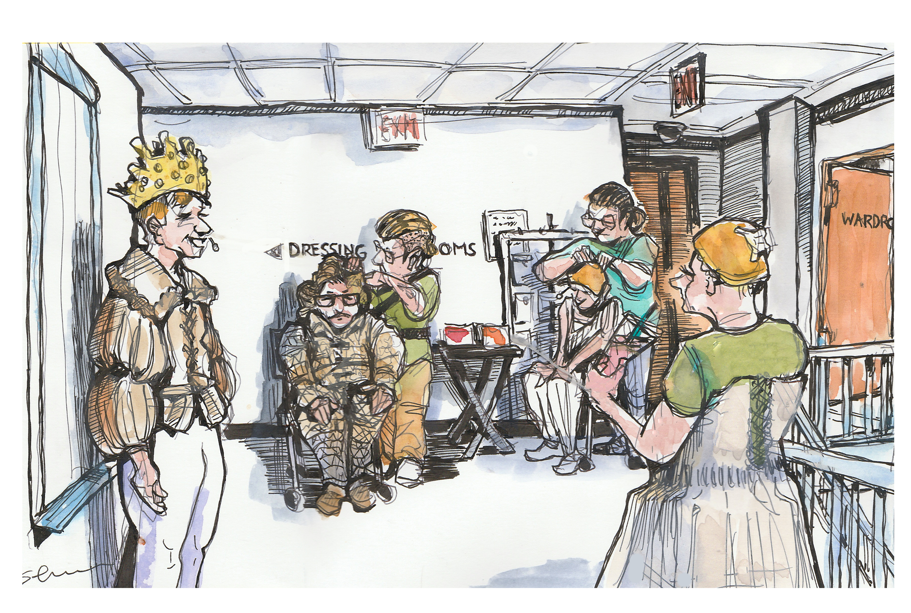 Ink and watercolor sketch of students being mic'd up for a full-dress rehearsal of 'Once Upon a Mattress' inside the Moss Arts Center