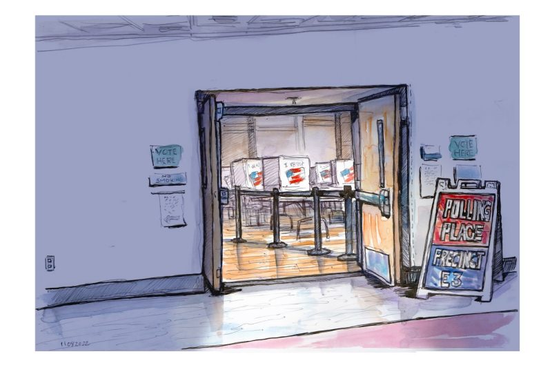 Ink and watercolor sketch of the entrance to Squires Student Center polling place Precint E3