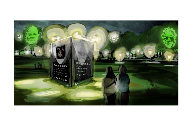 Digital sketch of the Drillfield at night with projections of faces on trees -- the Monuments exhibit