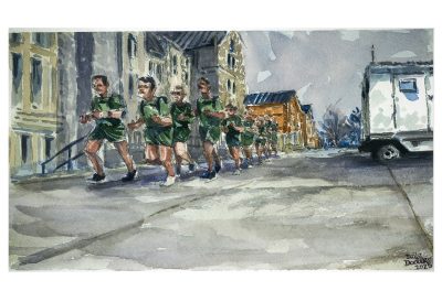 Watercolor sketch of a group of cadets on a morning run