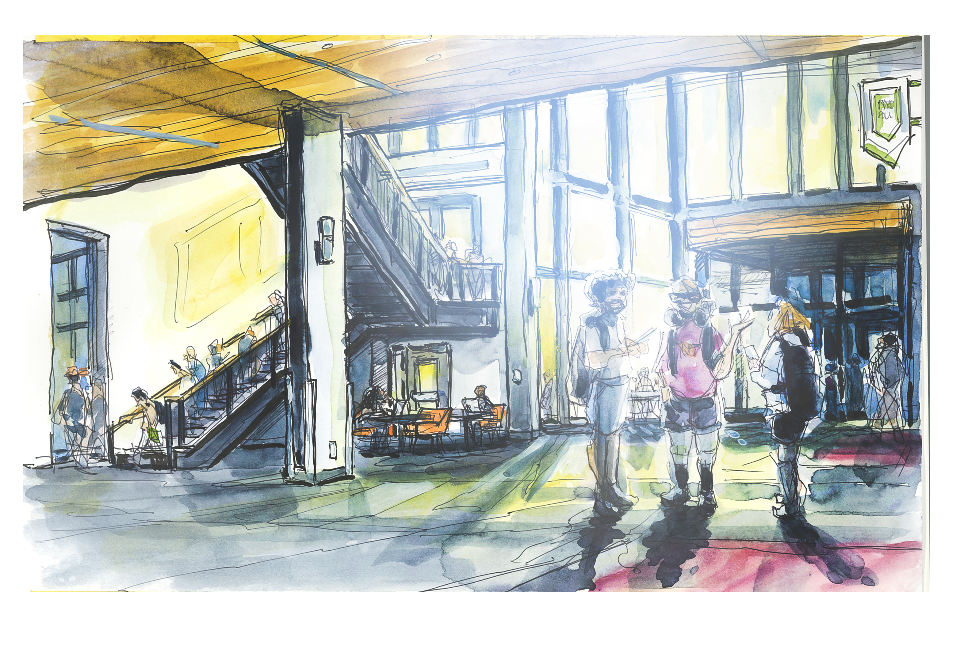 Ink and watercolor sketch of hitt hall foyer