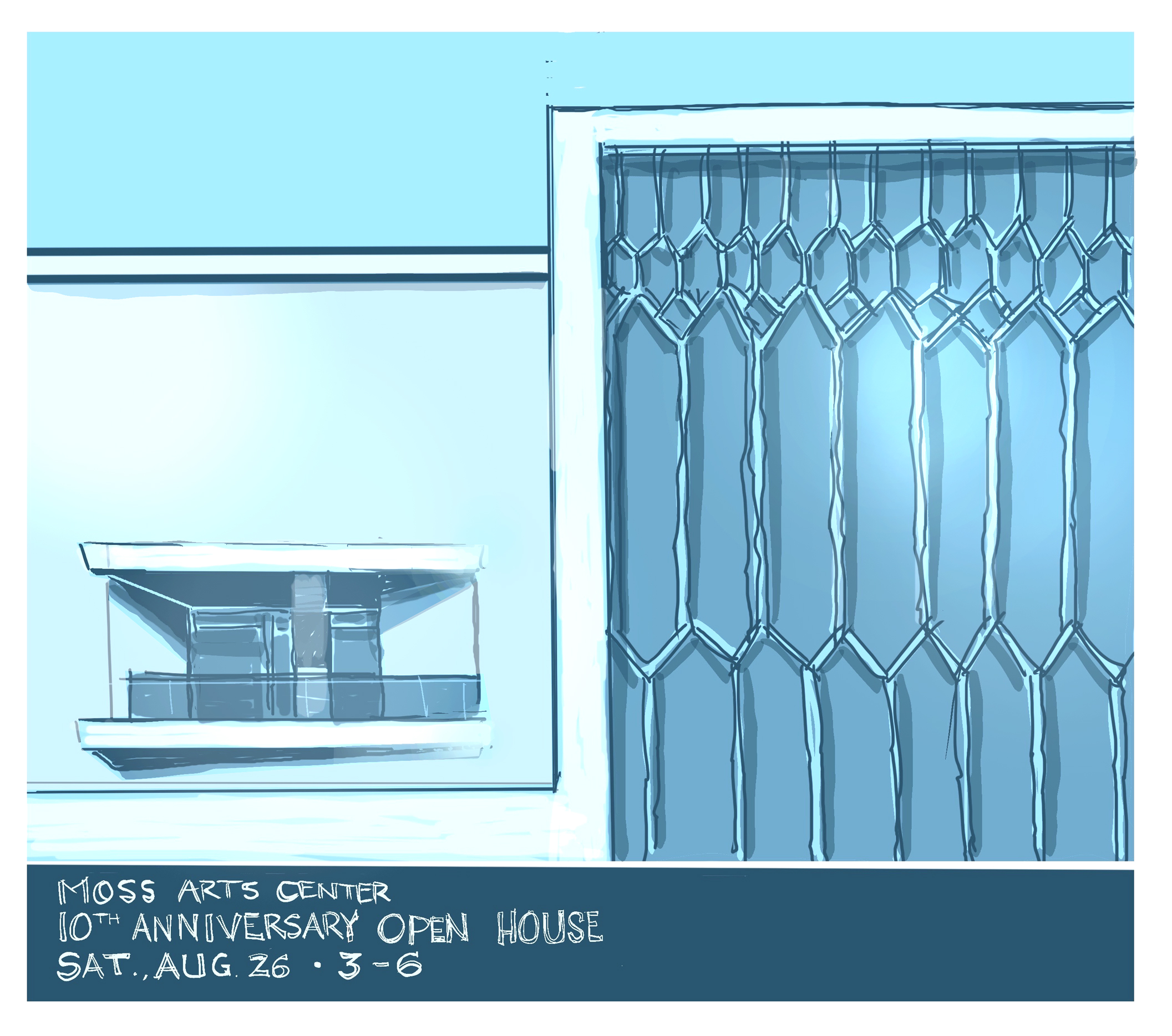 digital sketch of the exterior of the Moss Arts Center exterior promoting the 10th anniversary open house