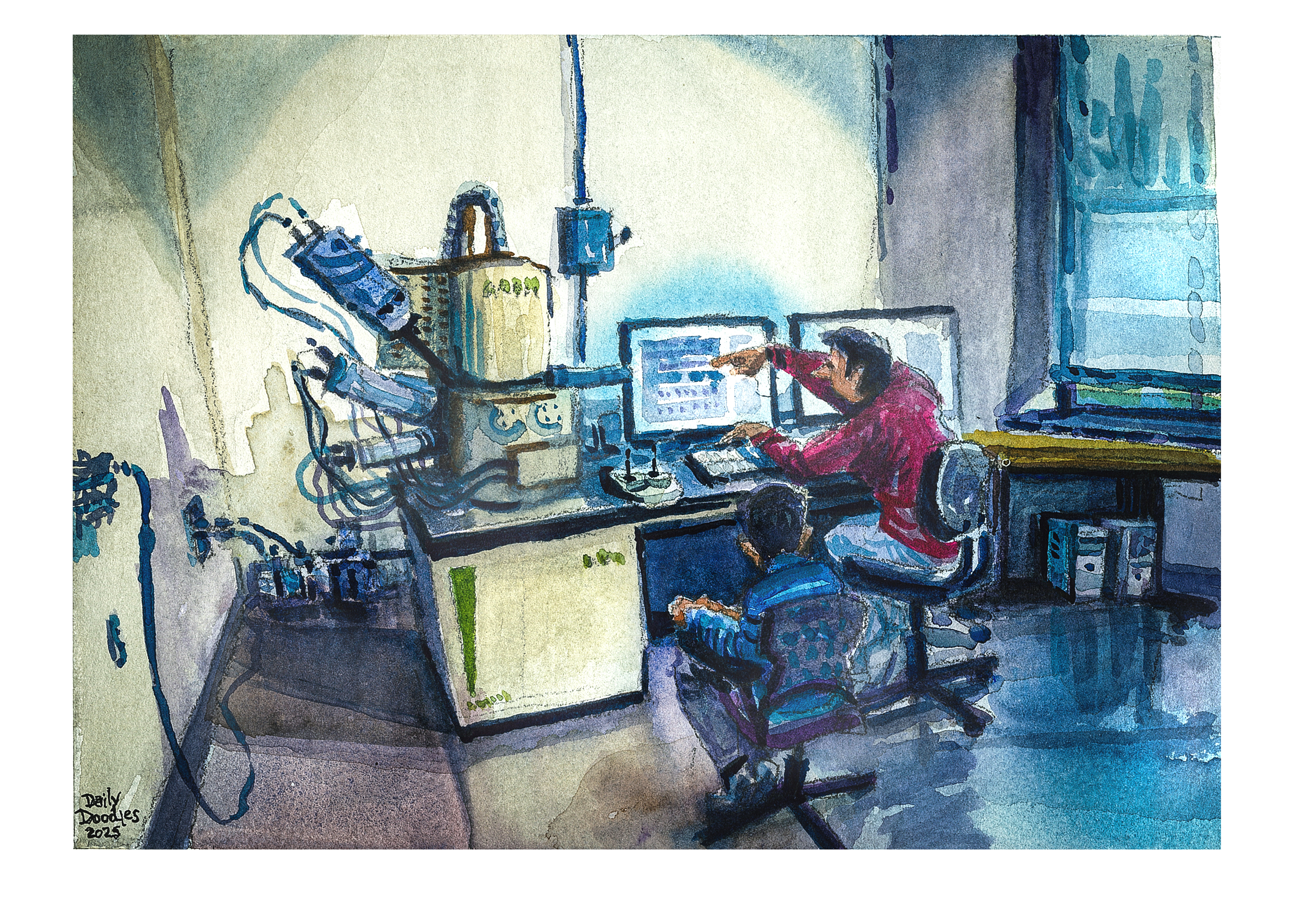 Watercolor sketch of two people at a scanning electron microspoe at the NCFL