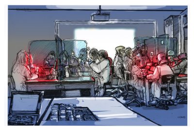 Ink and digital color sketch of the Neuroscience Lab I where students are using lights to study fruit fly behanvior