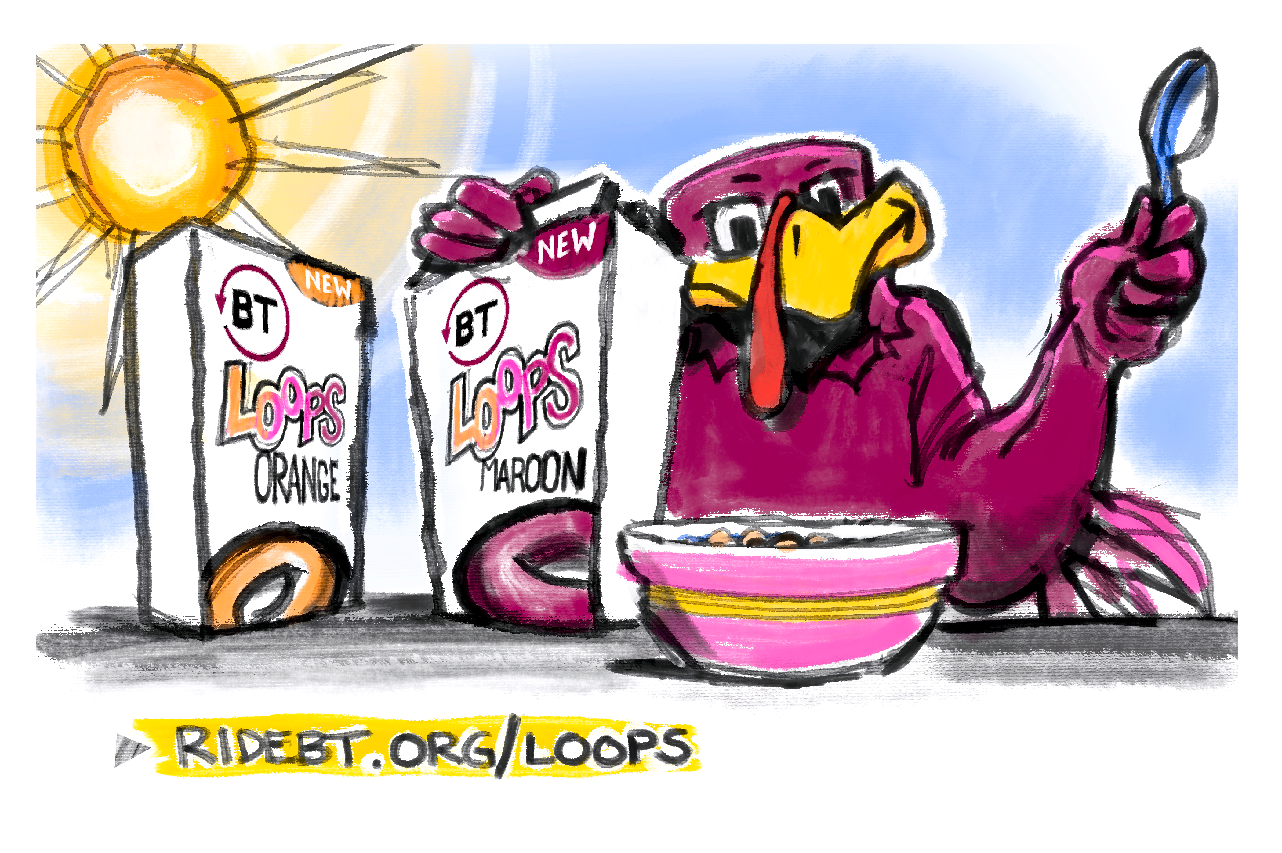 Digital sketch of the HokieBird enjoying BT Loops!