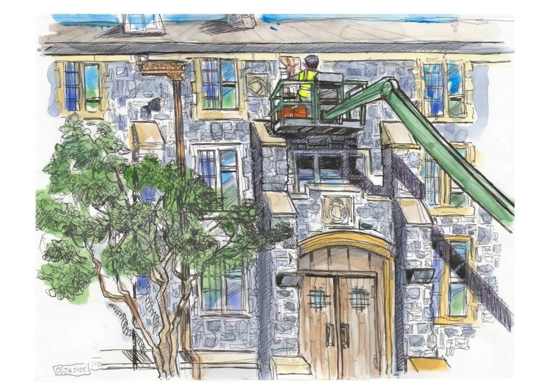 Ink and sketch of new windows being installed in East Eggleston Hall