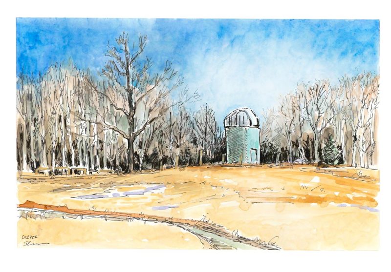 Ink and gouache sketch of the Nicholas R. Anderson Observatory