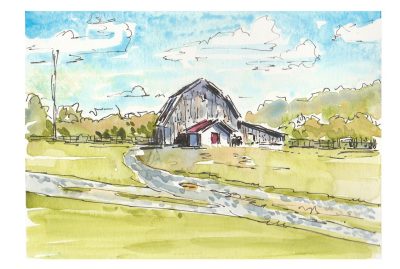 Watercolor and ink sketch of the old beef barn near the Drone Cage west of main campus
