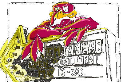Digital animation of the HokieBird on an arrow sign with letters that say Reminder: Open Enrollment May 16-30