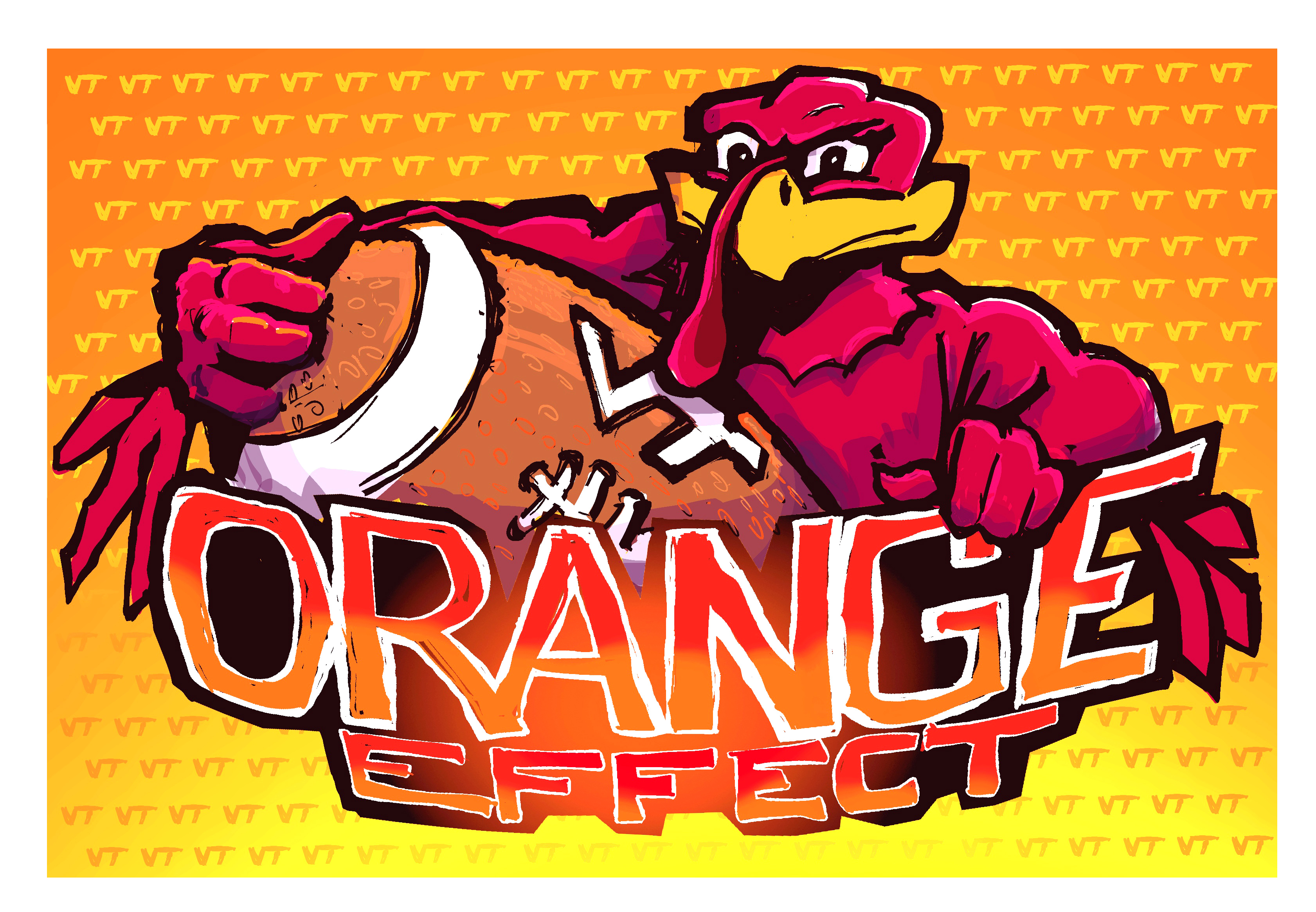 Digital sketch of the hokiebird holding a giant football with the text Orange effect below