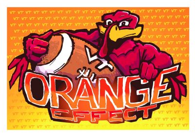 Digital sketch of the hokiebird holding a giant football with the text Orange effect below