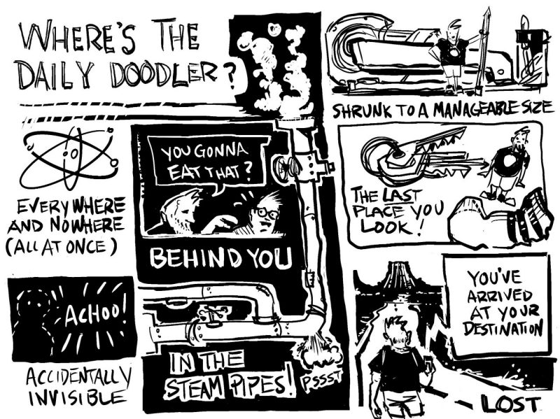 Digital sketch of a series of panels asking "where is the daily doodler?"