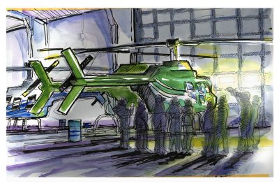 Ink and watercolor sketch of a pesticide usage class visiting Summit Helicopters to learn about aerieal applications