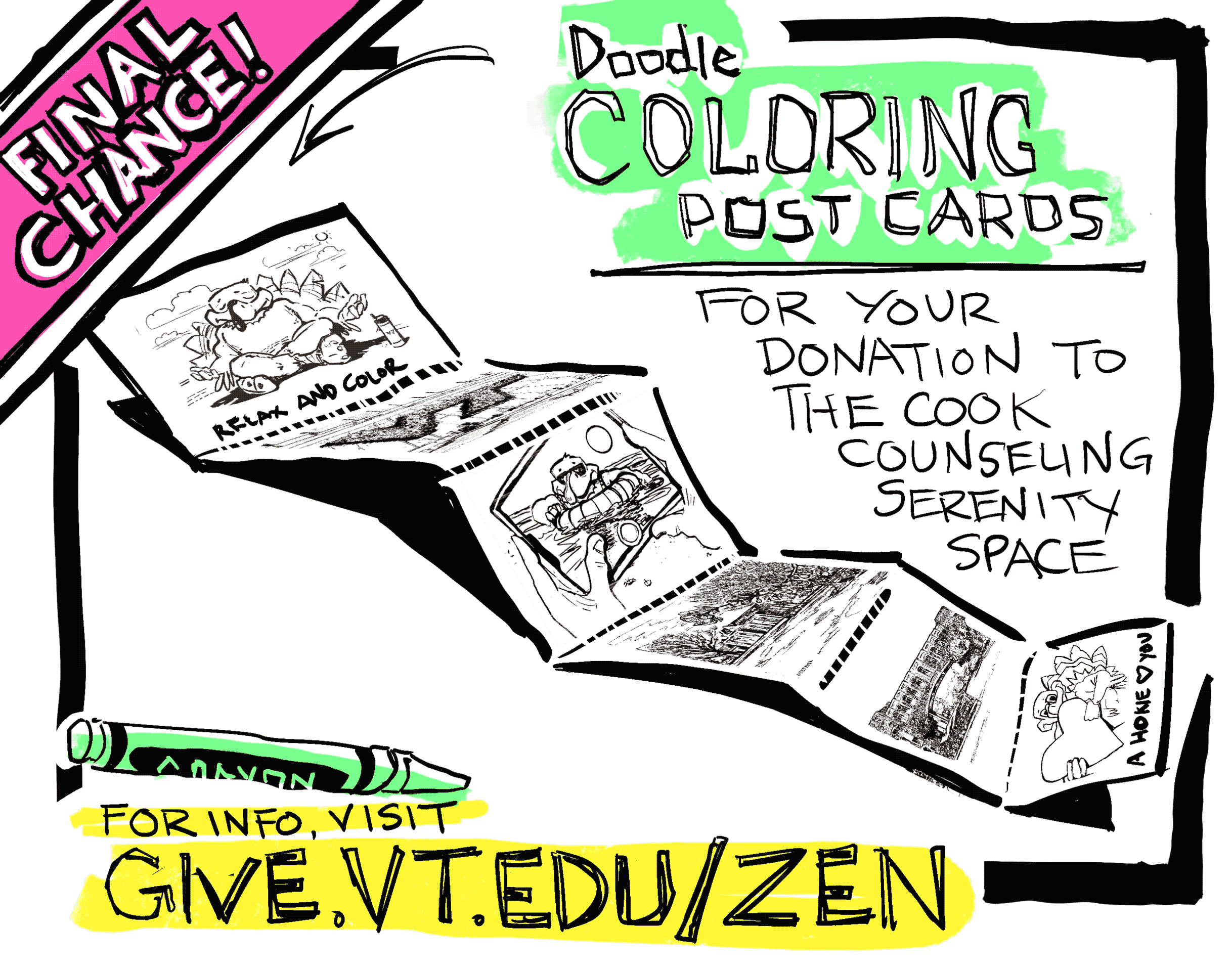 Animated digital sketch of post cards available to donors who support the serenity space campaign with Cook Counseling