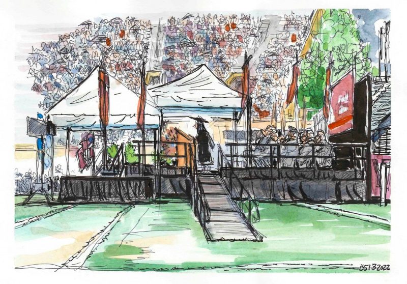 Ink and watercolor sketch of Class of 2022 President Danielle Panico giving address to graduates