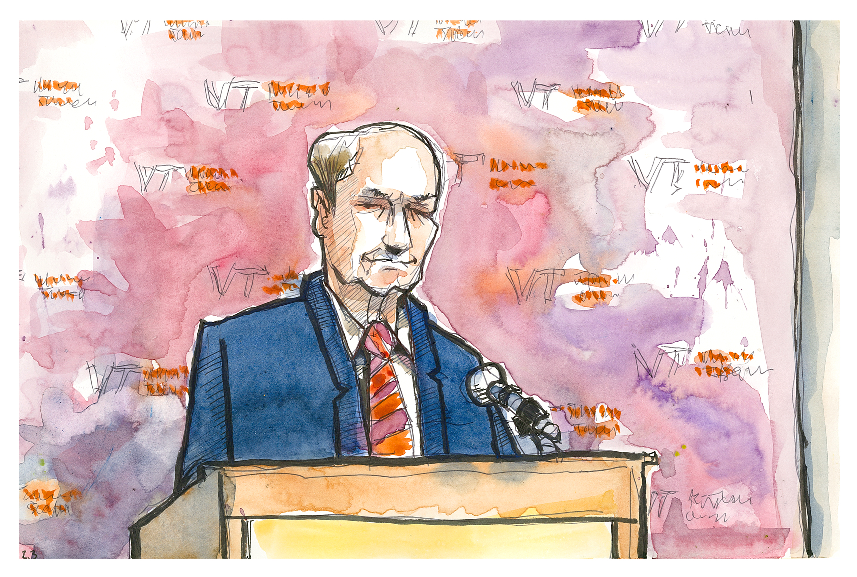 Ink and watercolor sketch of Preston White giving remarks about VT Advantage in the Latham Ballroom