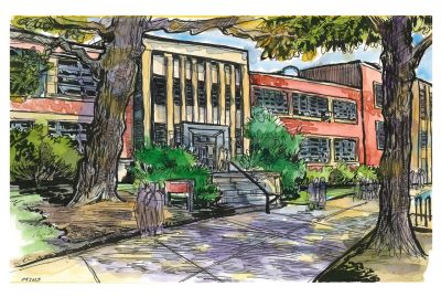 Ink and watercolor sketch of Randolph Hall, which will have a send-off on October 13 from 4-6pm