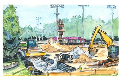 ink and watercolor sketch of the chicken hill rec sports fields turf project with excavation equipment in the foreground