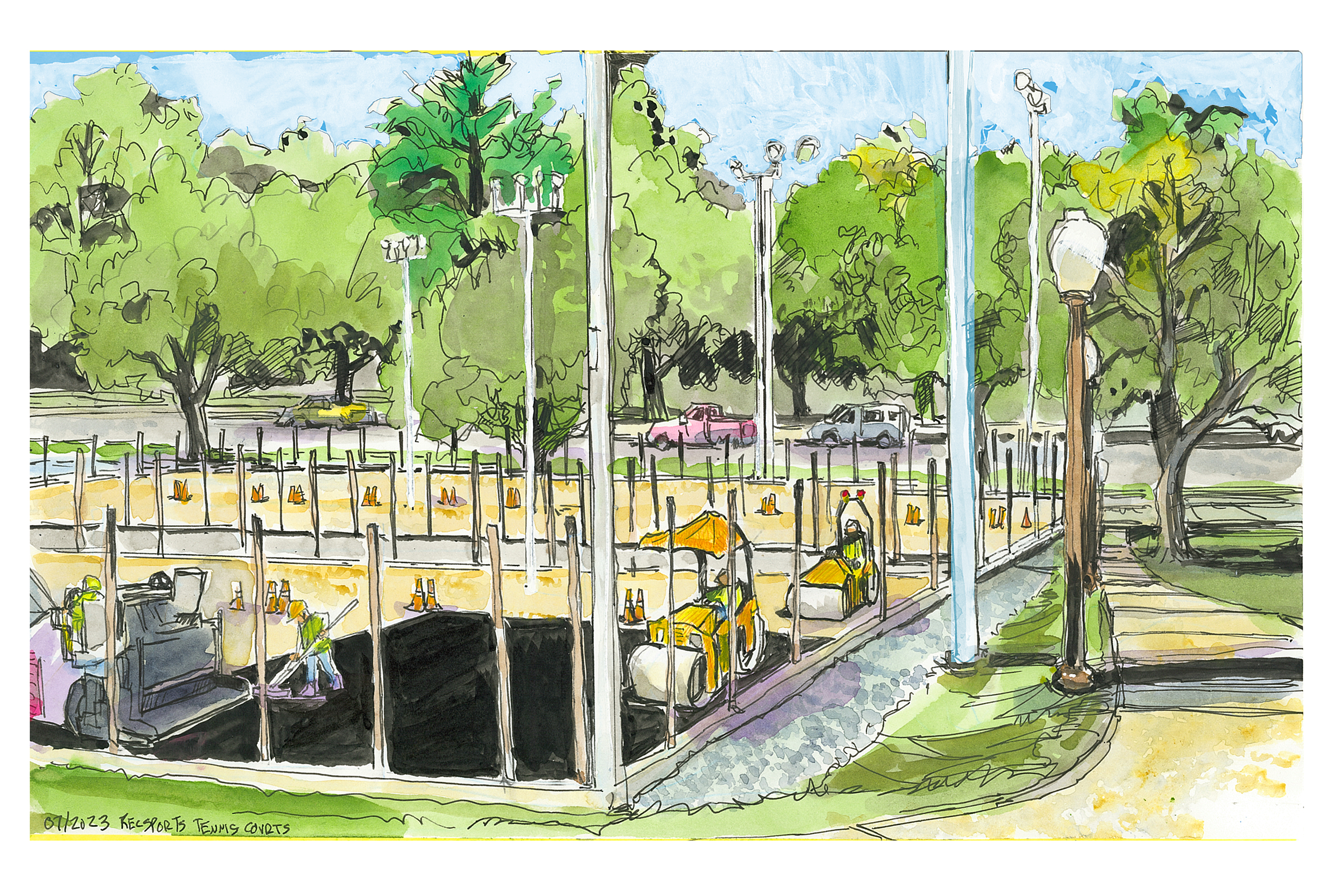 Ink and watercolor sketch of the resurfacing of the recsports washington street tennis courts
