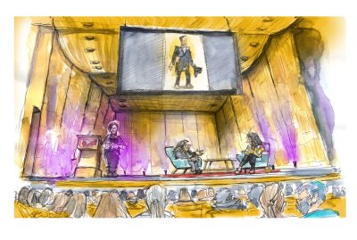 Ink and water color of the Virginia Tech Martin Luther King Jr celebration; costume designer Ruth E. Carter being interviewed on stage 