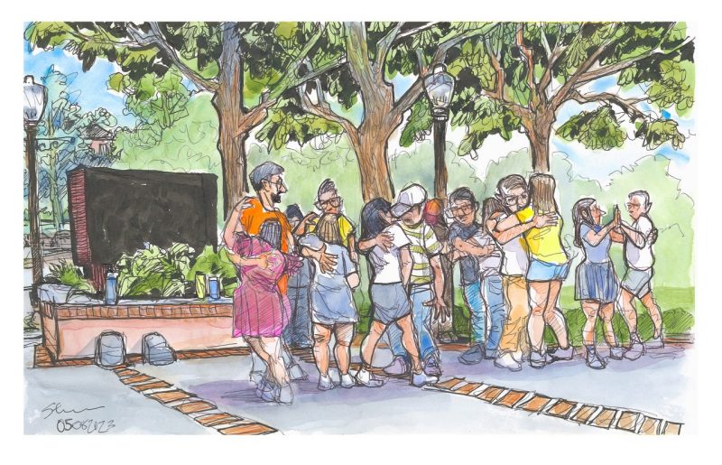Ink and watercolor sketch of the student org Salsa Tech practicing dancing on the Squres Plaza