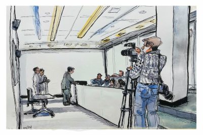 Ink and watercolor sketch of the Sanghani Center for AI and Data Analytics